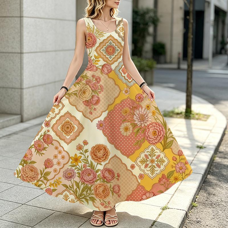 Women's Vintage Floral Sleeveless Maxi Tank Dress Lightweight Flowy Skirt,Stylish & Elegant for Picnic,Casual Daily,Vacation