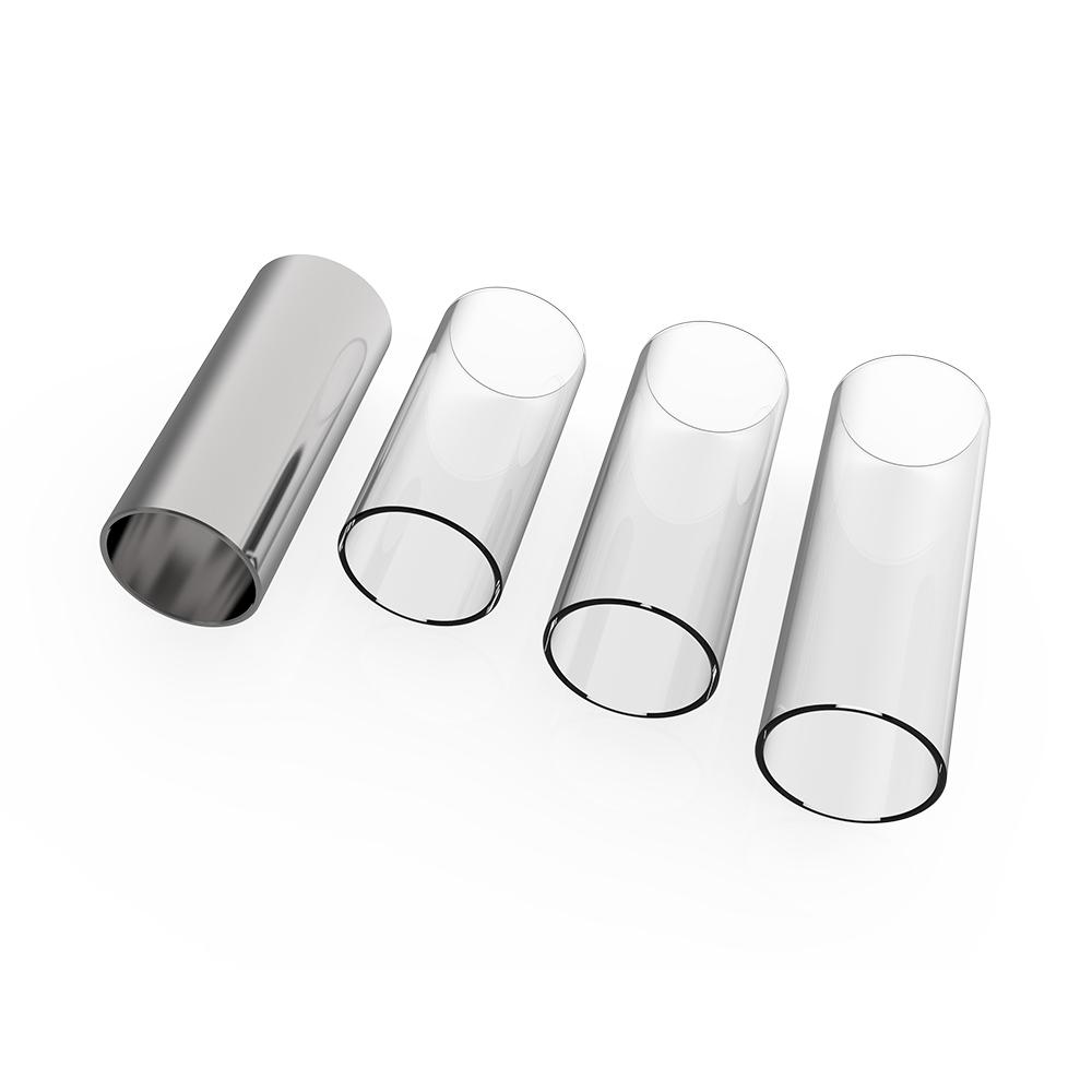 В комплект гитарных слайдов входят 3 стеклянных слайда (5,1 см/6 см/7 см) + 1 слайд из нержавеющей стали (6 см) + 4 предмета.