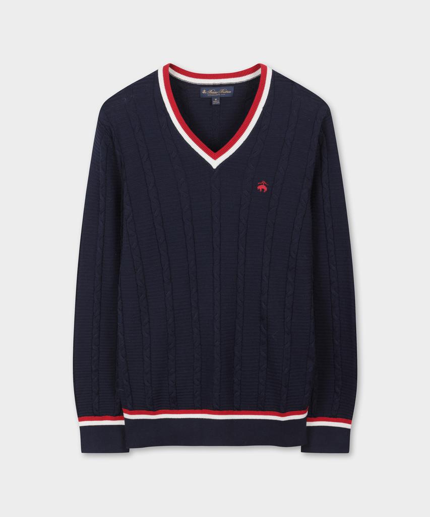 BROOKS BROTHERS Tennis V-Neck Cable Sweater (Navy) (Bbwnmmg101)