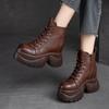 Genuine Leather Thick Sole Women Boots Retro Round Toe Side Zipper Wedges Platform Shoes