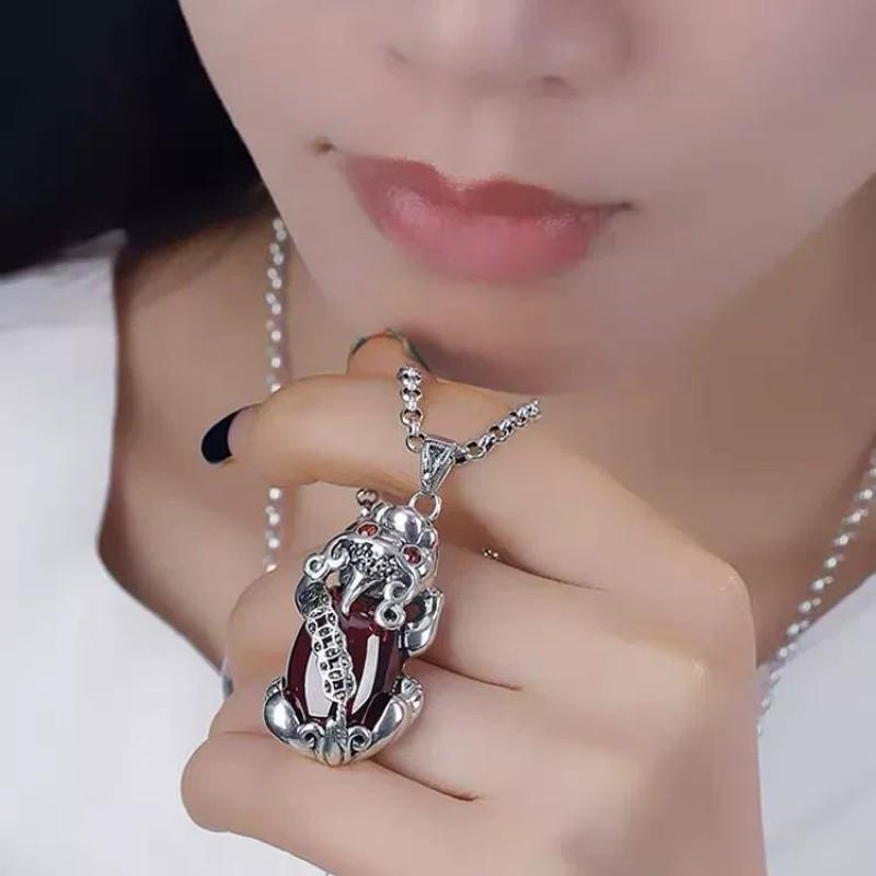 Vintage Copper PiXiu Pendant Necklace With Garnet Stone Men Women Boho Retro Statement Jewelry