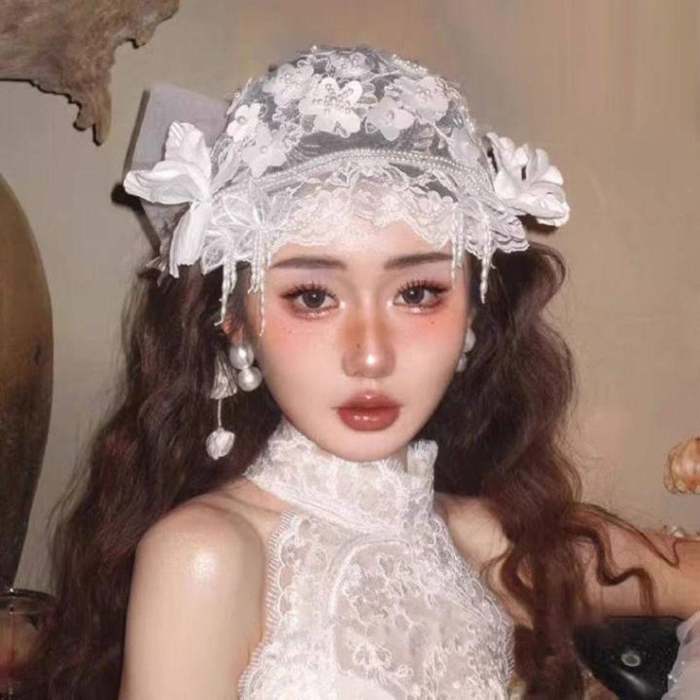Pearls Beads Bride Headdress White Wedding Headwear Elegant Bridal Hat  Hair Jewelry