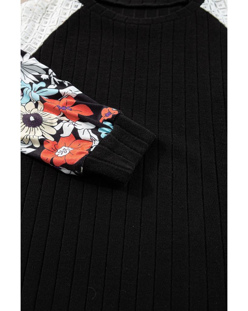 Azura Exchange Черная блузка с длинными рукавами в рубчик с цветочным принтом и лоскутным узором