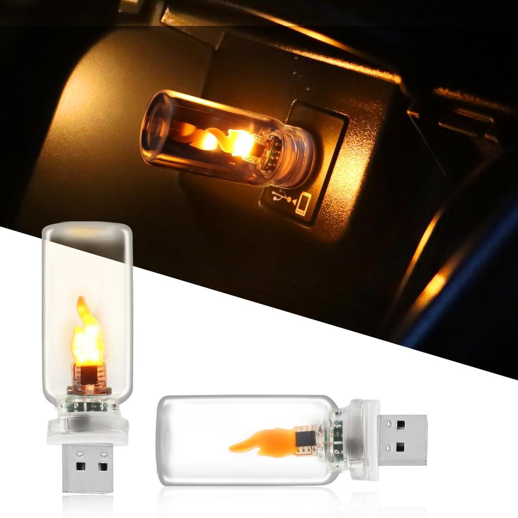 2 PCS USB Light for Car, LED Flame Light, Plug in USB Vehicle Interior Ambient Light, Mini LED Retro Clear Glass Night Light for Camping, Holiday