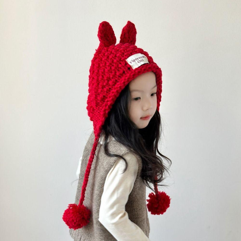 Rabbit Ear Kids Knitted Hat Solid Color Warm Winter Cap Warm Crochet Beanie Outdoor Winter
