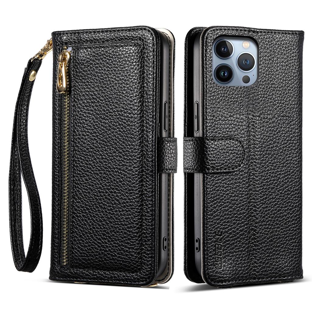 ESEBLE E11 For iPhone 15 Pro Max Case Zipper Pocket Litchi Texture Leather Phone Cover with Mirror and Wrist Strap