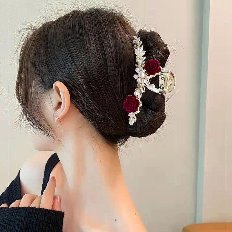 Винтажные бархатные когти для волос с красной розой для женщин, роскошные металлические зажимы, заколки для волос, заколки для волос, новые аксессуары для волос со стразами, головные уборы