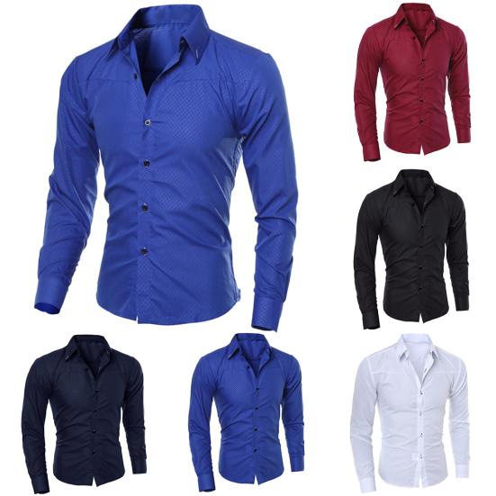 Мужская мода сплошной цвет отложной воротник с длинным рукавом Slim Fit блузка рубашка топ