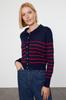 Women's Elegance Style Cardigan Navy Blue Polo Collar Striped Knitwear Cardigan