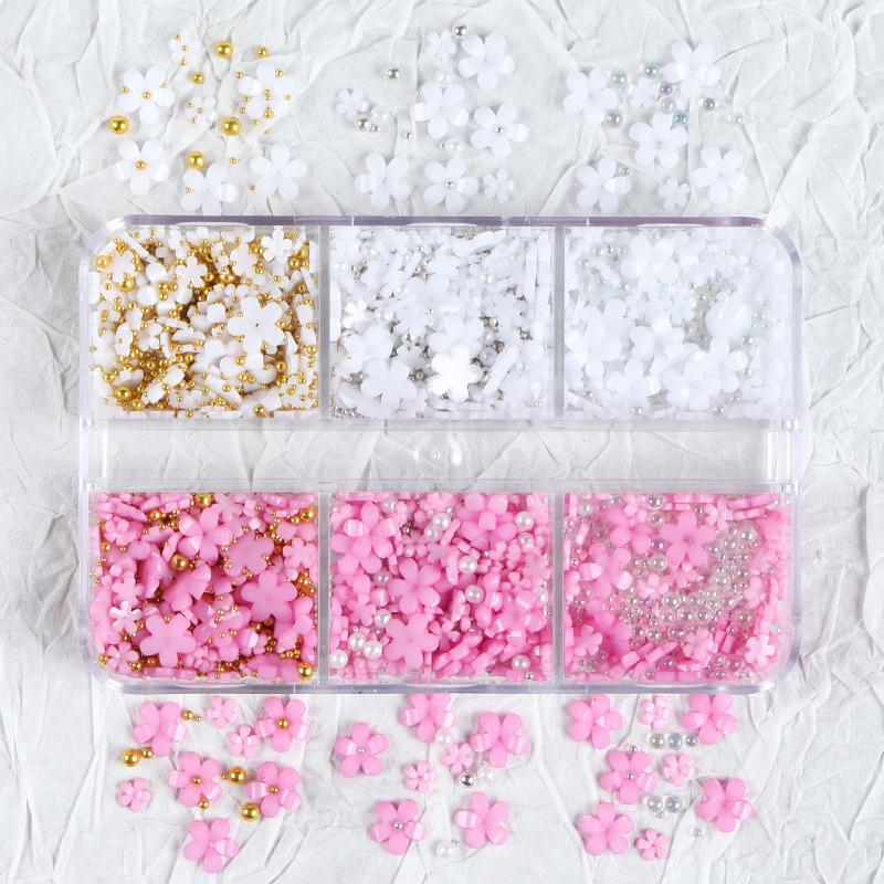 3D Flower Nail Charms, 3D Acrylic Flower Nail Art Rhinestones White Pink Mixed Cherry Blossom Spring Gems with Pearls Manicure DIY Nail Decorations