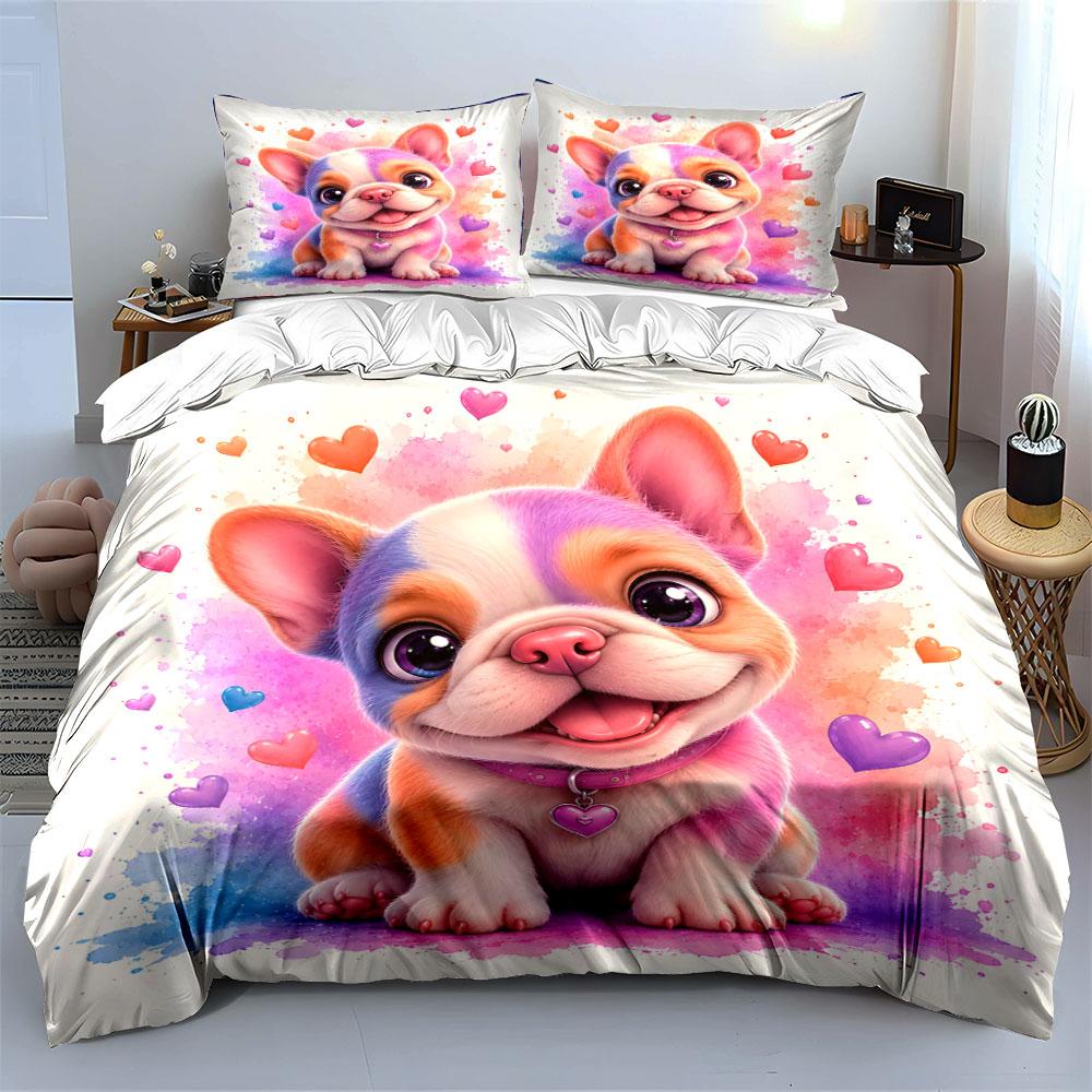 Colorful cartoon puppy with hearts Print Bedding Set 1 Duvet Cover 2 Pillowcases for Adult and Children Luxury Gift Full Size