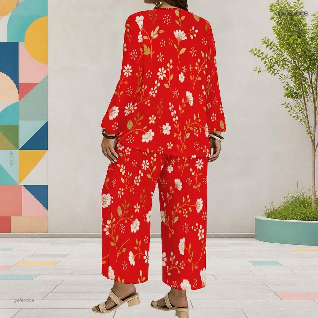 Women Plus Size Black Floral Printed Round Neck Long Sleeve Top Wide Leg Cropped Pants Two Piece Set
