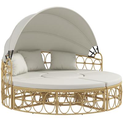 Sun Island Lounge, 4-Piece, Extendable Canopy, 5 Cushions, Rattan Look, 178W X 85D X 66.5H Cm, Beige