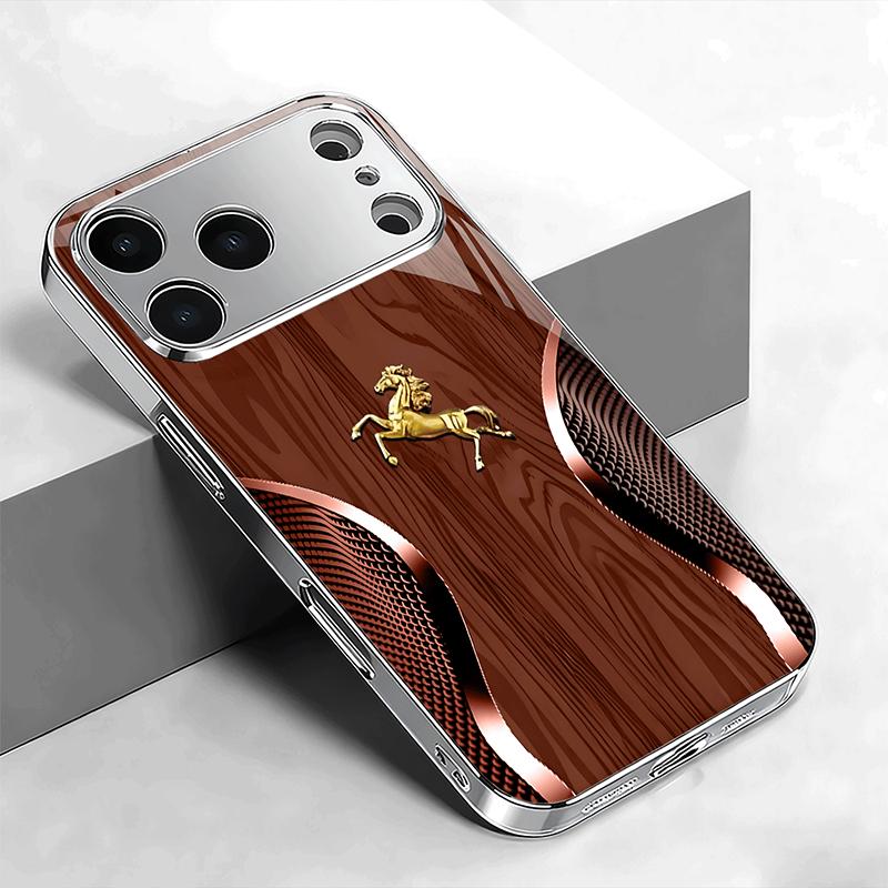 Чехол из закаленного стекла с текстурой дерева «Золотая Лошадь» для iPhone 17 16 15 14 13 12 11 Pro Max Plus Air Электроplated Серебристая крышка