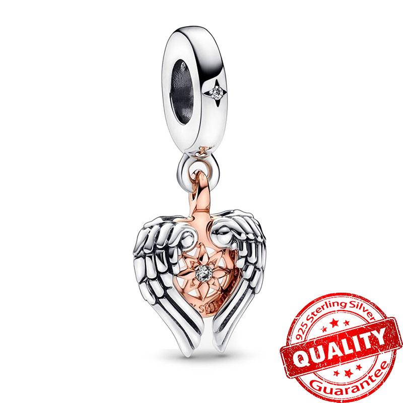 Sparkling Rose Gold Pavé Triple-Row Beads Pink Gem Entwined Hearts Charm Fits Brand Bracelet For Copper Necklace