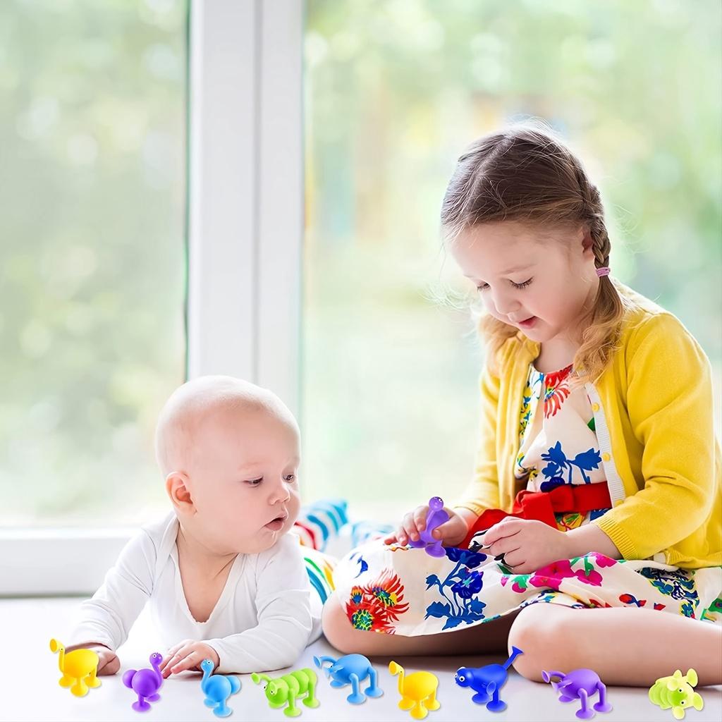 12 Pieces Soft Building Blocks Silicone Suction Toys Window Toys Bathtub Animal Shape Toys Pop Squigz Sucker Funny Model Construction Toys