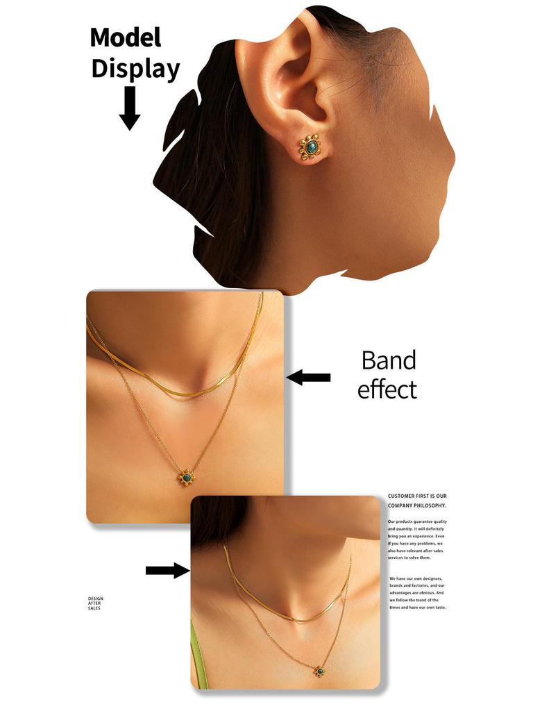 European & American Sunflower Gemstone Earrings & Clavicle Necklace Set, 18K Gold-Plated Titanium Steel