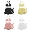 3Pcs/Set Women Swimsuit Solid Color Wave Texture Sexy Split Bikini with Drawstring Ruffle Trim Skirt Lace-up Beachwear