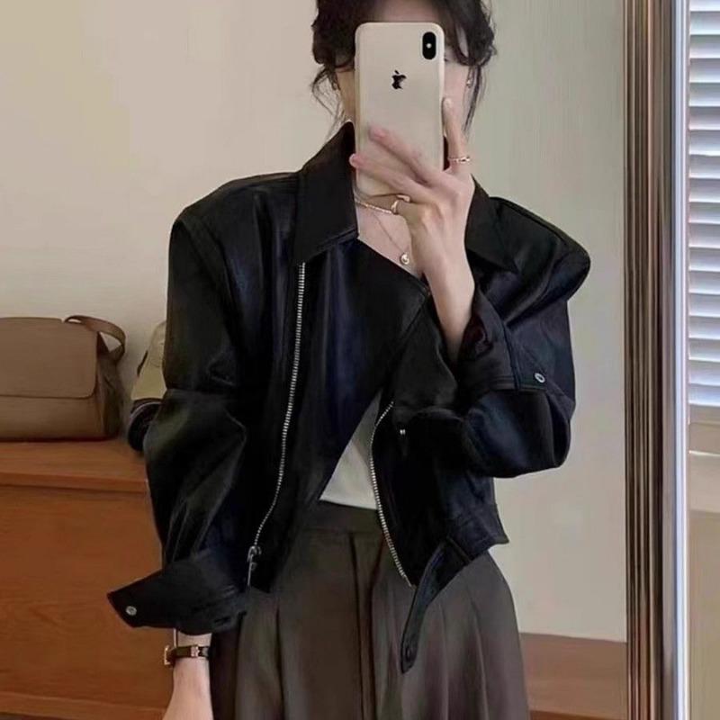 Осень Зима Уличный Стиль Свободный Повседневный Водолазка Куртка на Молнии из ПУ Кожи Женская Y2K Хипстер Кардиган Пальто