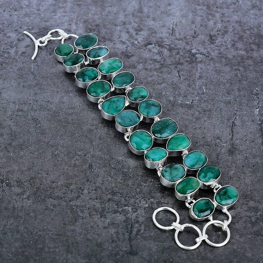 Natural Emerald Gemstone Handmade 925 Sterling Silver Bracelet7-8" J9p97