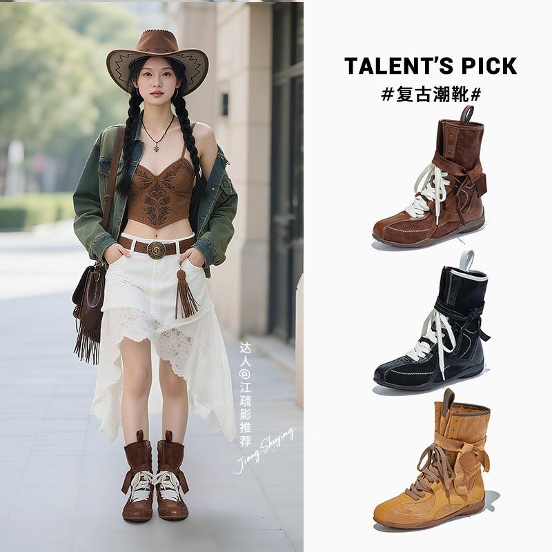Бинты Ботинки Мартин Женские Осень и Зима Новые Ретро Пара Ботинок Вестерн Ковбойские Ботинки Универсальные Ботинки Женские