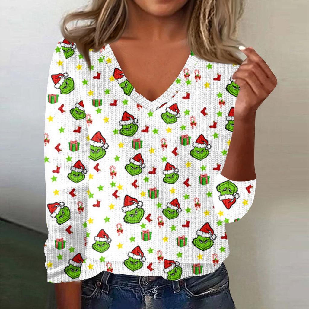 Women's Cute Sweatshirt Knitted Fashion Casual V-neck Long-sleeved Cozy Print Top