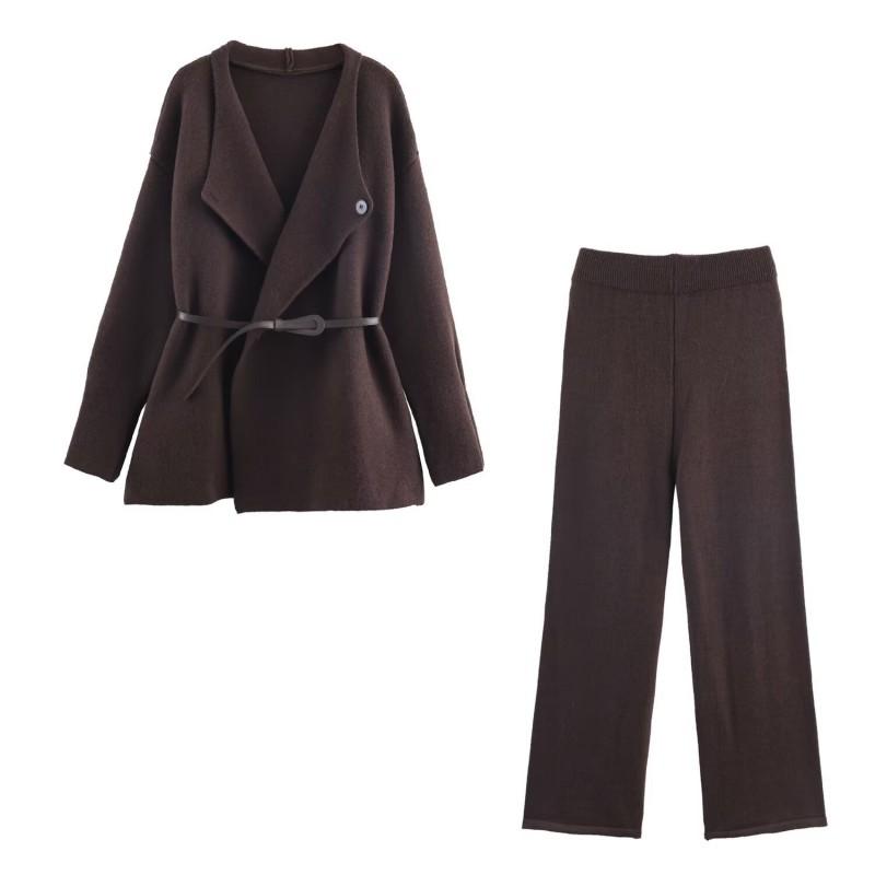 Womens Commuter Knit Set Slim Fit Solid Color Long Sleeve Top Pants With Belt Casual Workwear