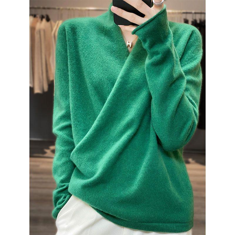 Осень-зима Женский высококачественный повседневный свитер с отложным воротником из кашемира, свитер из мериносовой шерсти, трикотажная одежда, топы