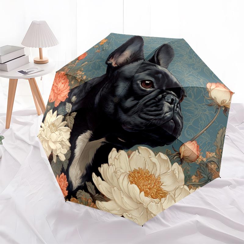0106 Черный зонт-трость с цветочным узором и изображением собаки, автоматический складной, портативный и компактный дизайн, 8 спиц, рождественский или подарочный вариант.