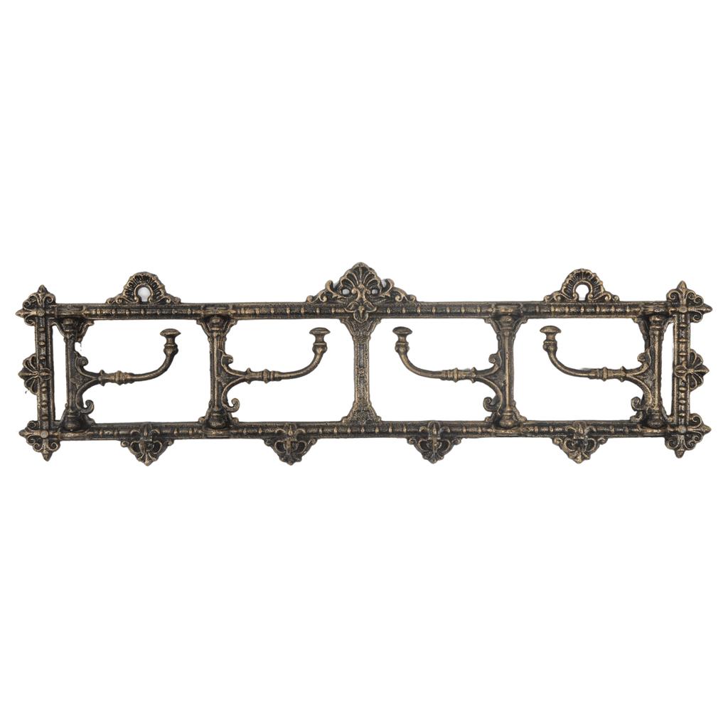 Decorative cast iron wall-mounted clothes hanger, brown, 4 hooks