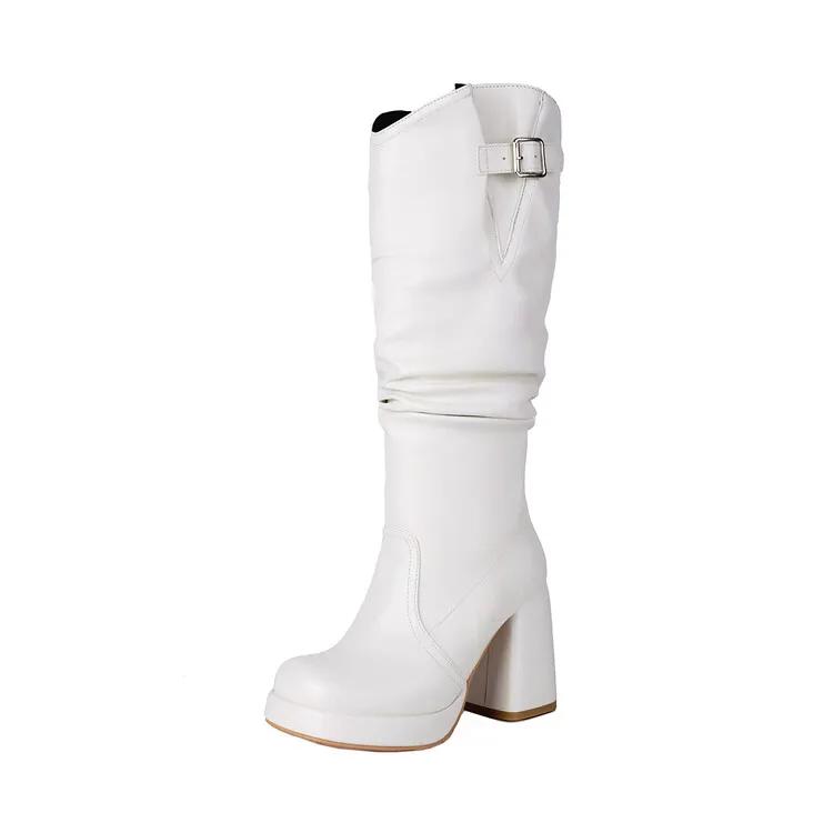Мода Новые Однотонные Плиссированные Ленивый Стиль Черные Белые Ботфорты женские Сексуальные Высокие Каблуки 9,5 см Показ Моды Длинные Сапоги Размер 34-46