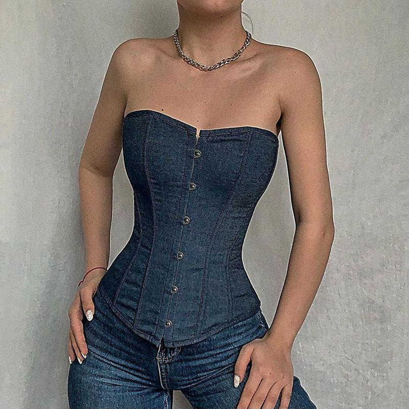 Tunic Top Autumn New Sexy Sexy Tube Top Tops Fashion Wind Breasted Fishbone Imitation Denim Waist Women
