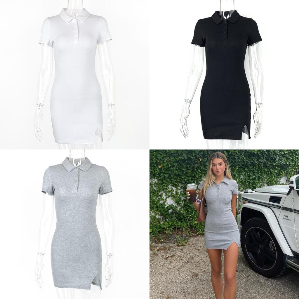 Summer Sexy Bodycon Dress With Polo Neck Short Sleeve Knitted Fabric For Club Wear