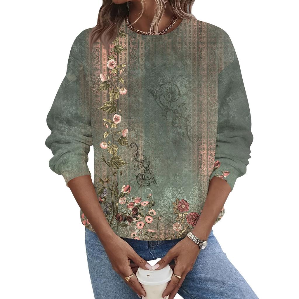 Женская осенне-зимняя повседневная толстовка с круглым вырезом и длинным рукавом с принтом