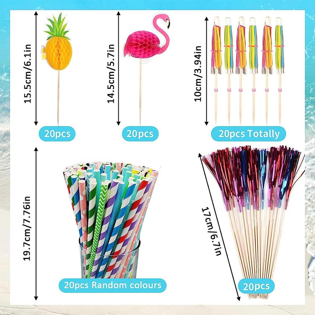 Hawaiian Party Set: 100PCS Colorful Paper Straws, Umbrella Picks, Fruit Picks, Honeycomb Pineapples, Flamingos, Firework Picks
