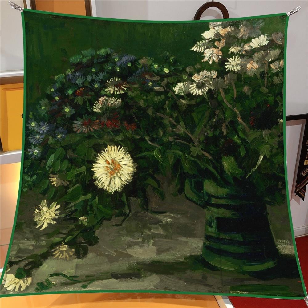 Silk Scarf Women Oil Painting Square Scarves Head Echarpes Silk Foulards Femme Wraps Beach Shawls Bandana Lady Hijabs 90CM