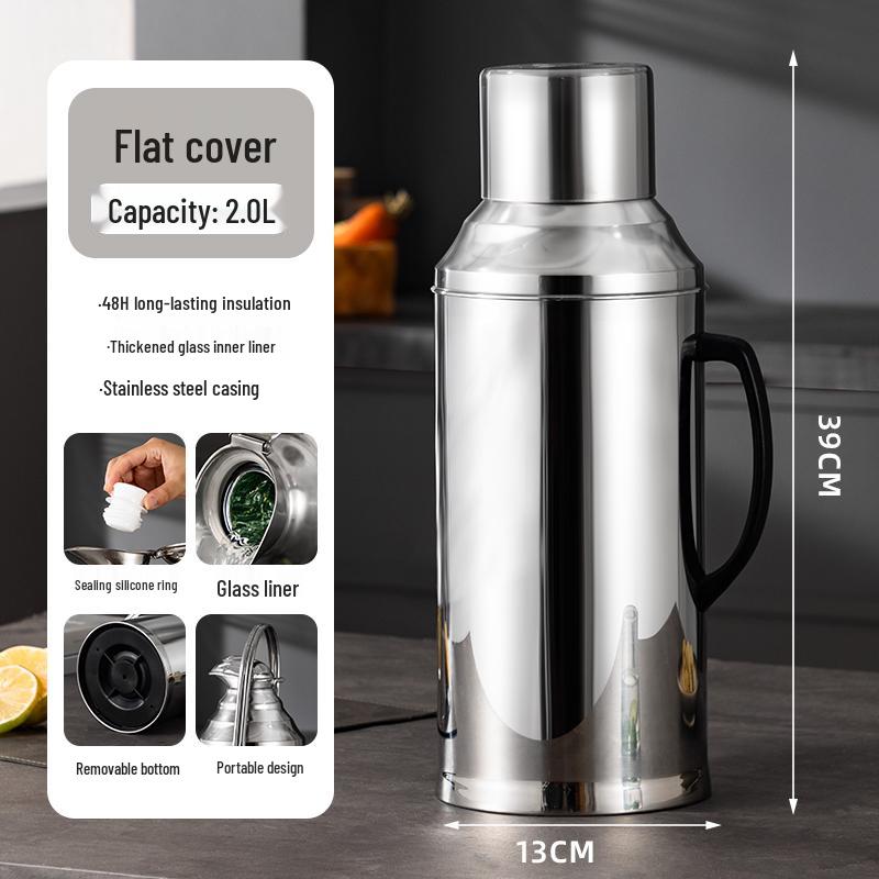Large Capacity Stainless Steel Insulated Hot Water Bottle with Glass Liner - Old-fashioned Tea Pot for Home, Dorm, or Commercial Use