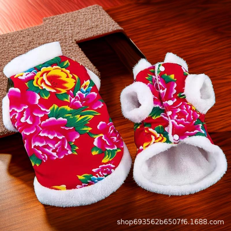 Dog clothes autumn and winter velvet warm Northeast big flower jacket cat teddy bear small dog winter clothes