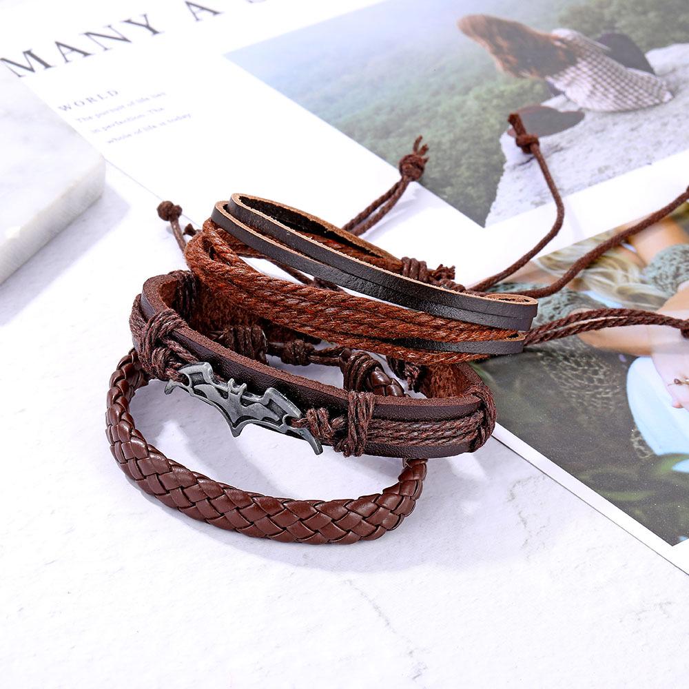 Batman Vintage Rope and Beads Multi-Layer Leather Bracelet Set for Men