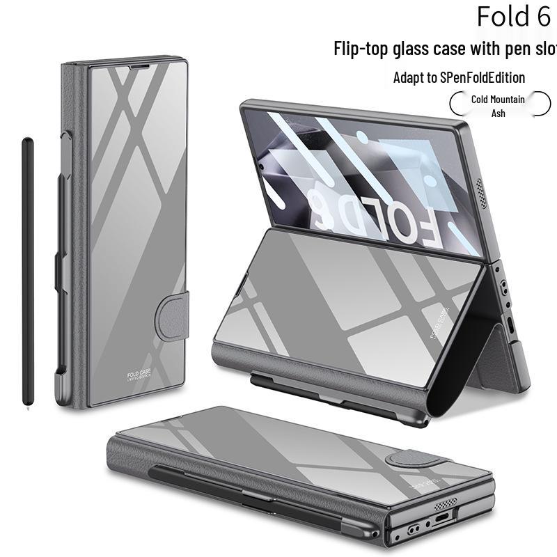 Кожаный чехол-книжка Samsung Z Fold 6 со слотом для стилуса и стеклянной крышкой – Стильный и деловой.