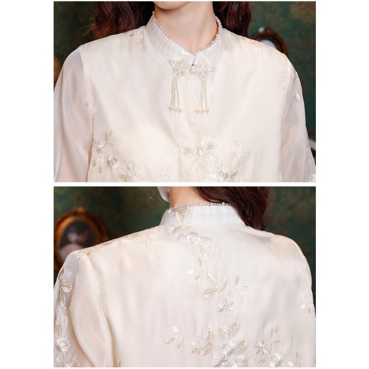 Spring Long Sleeve Mandarin Collar Embroidered Shirt for Women