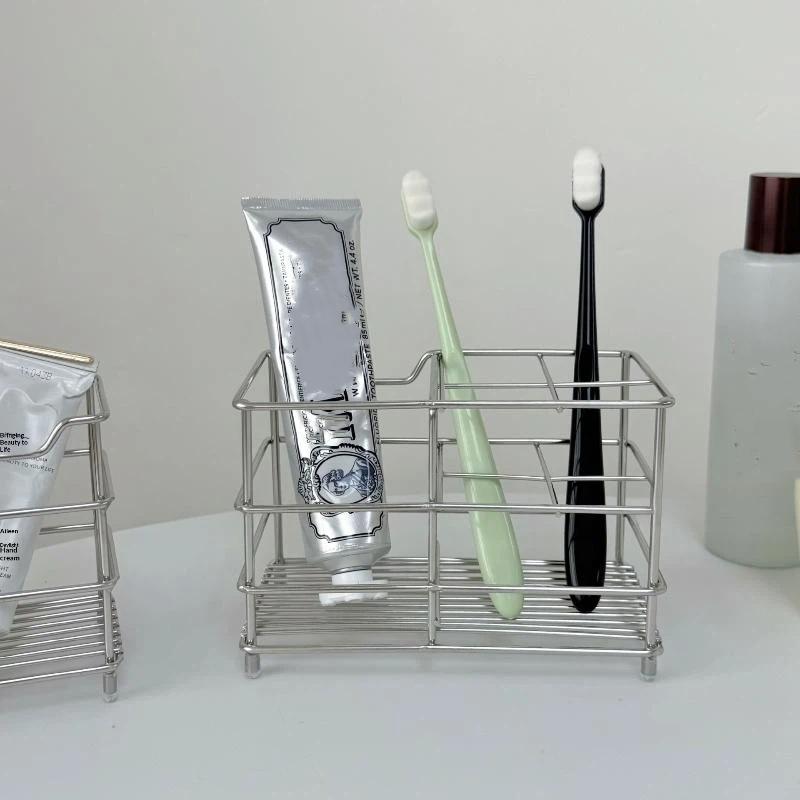 Sleek Finish Stainless Steel Toothbrush Holder Modern Shaving Equipment Storage Rack for Bathroom Decor Organization