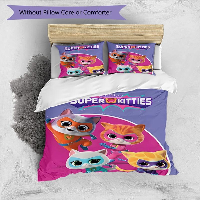 3pcs Super Kitties Adventures2 Design Cover Set - HD Printed Bedding with 1 Cover and 2 Pillowcases - Perfect for Home and Dorm Decor