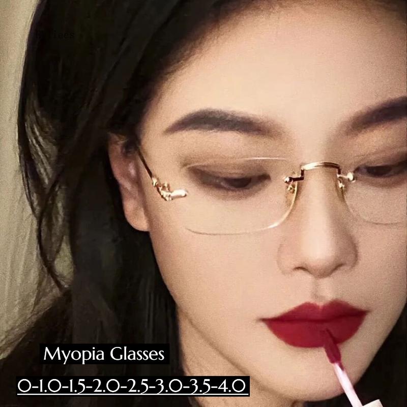 Men's Business Finished Myopia Glasses Women Fashion Rimless Square Nearsighted Eyeglasses Prescription Diopter -1.0 1.5 2.0 2.5
