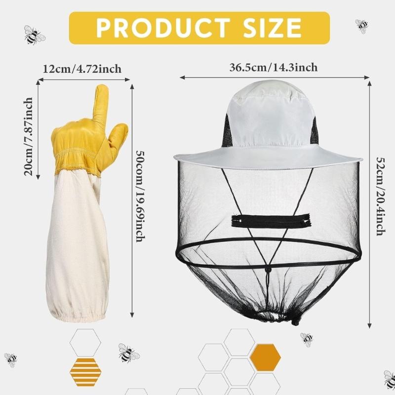 Beekeeper Hat with Surrounding Face Screen, Front Closure, Drawcord Edge, and Goatskin Long Gloves for Routine Colony Management Tasks