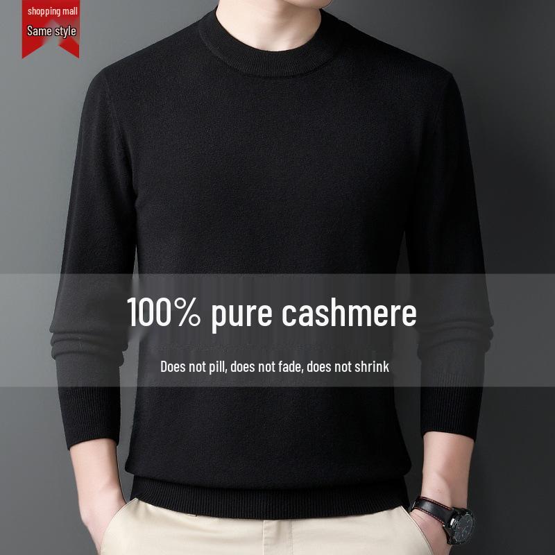 Men's 100% Cashmere Mid-Neck Black Sweater - Thickened Winter Base Layer