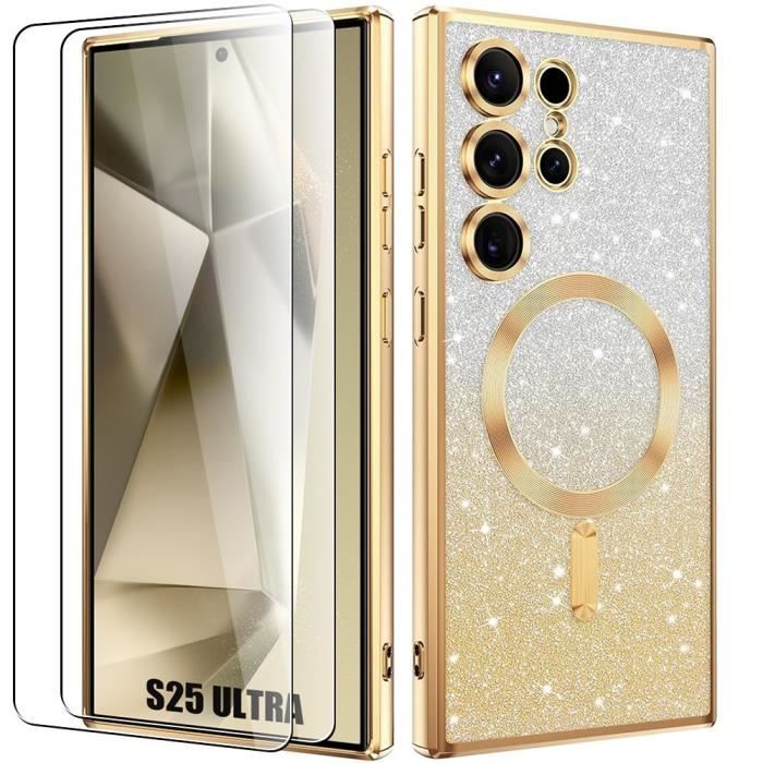 Case - BOOLING - for Samsung Galaxy S25 Ultra - Silicone - Camera Protection - Glittering Gold - 2 Tempered Glasses