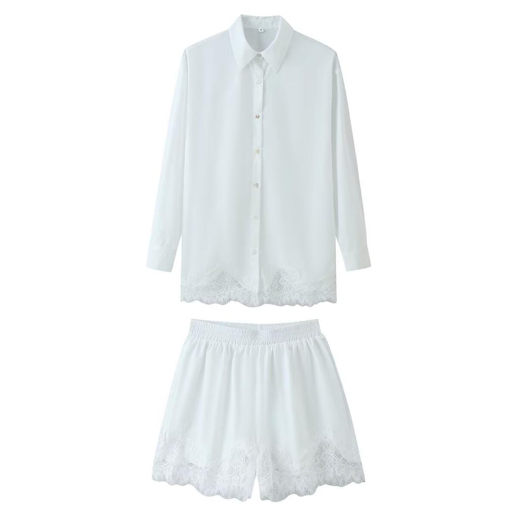 European and American style French women's clothing fashion versatile temperament casual lace shirt shorts set