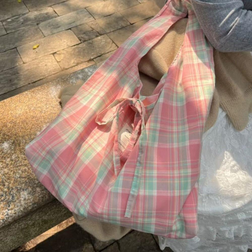 Вышитая сумка-бант из парусины в клетку через плечо, двусторонняя сумка под мышкой, повседневная тканевая сумка-хобо, на каждый день