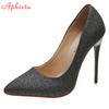 Fashion Aphixta 12cm Super High Stiletto Heels Pumps Women Shoes Bling Sequined Leather Pointed Toe Wedding Dress Thin Heel Shoes Woman